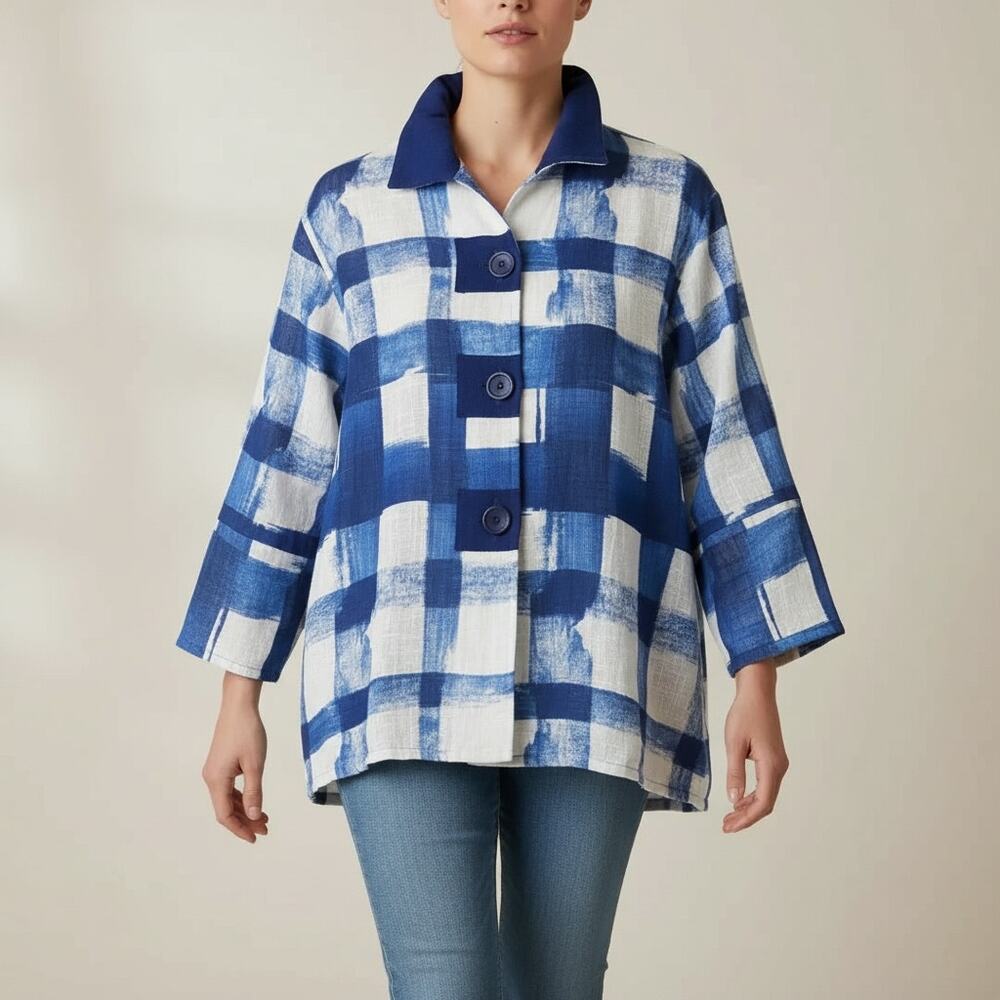 Damee Blue Boxy Art to Wear Tunic Top Wire Collar Size 2X NEW